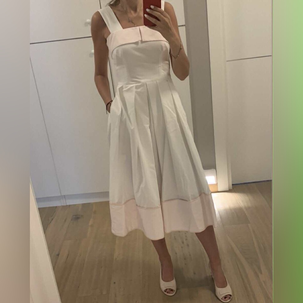 Mary Katrantzou White Pink Cotton Pleated Midi Dress Size 6